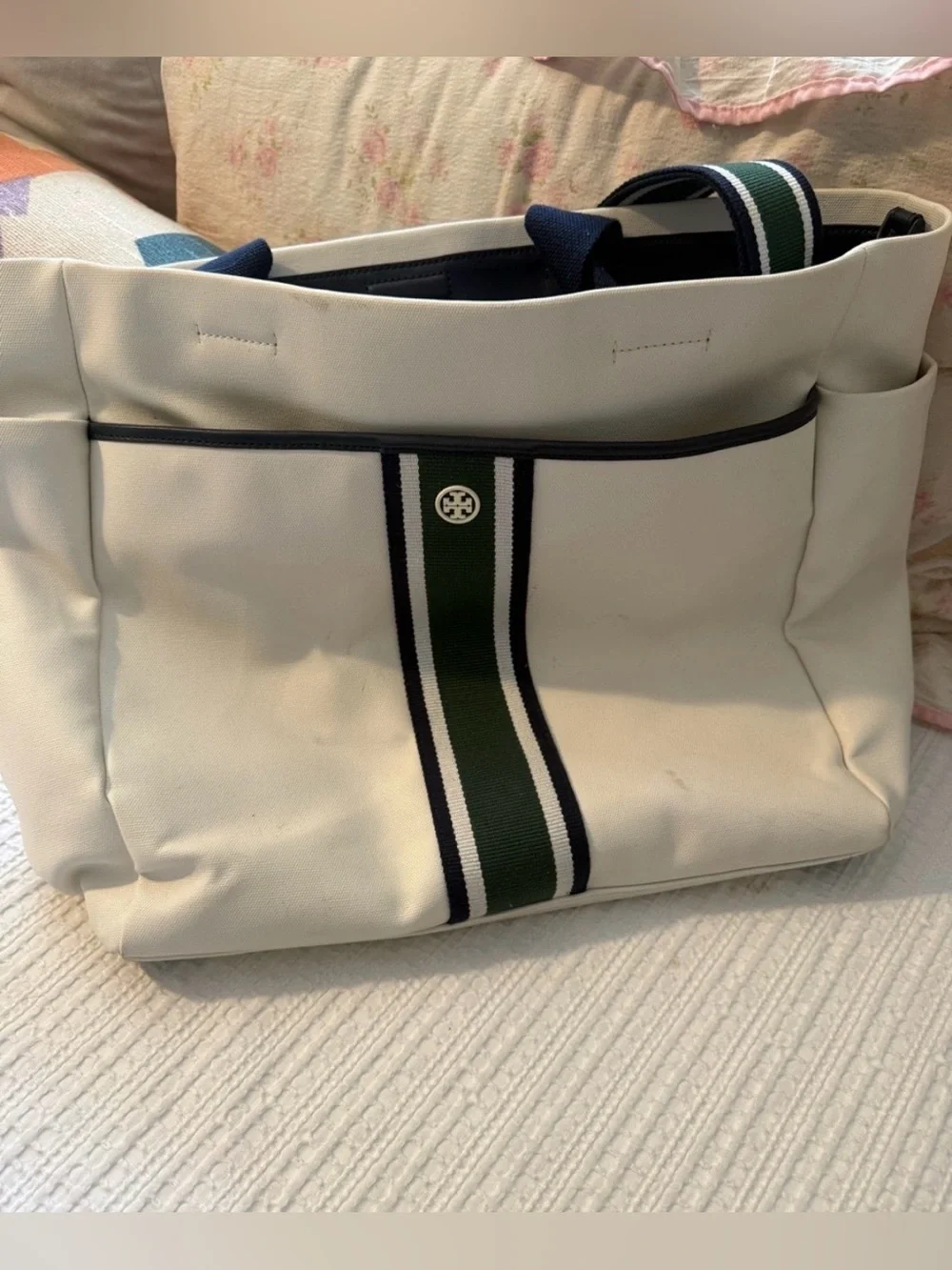 Tory Burch White Canvas Tote with Navy Handles and Green Stripe